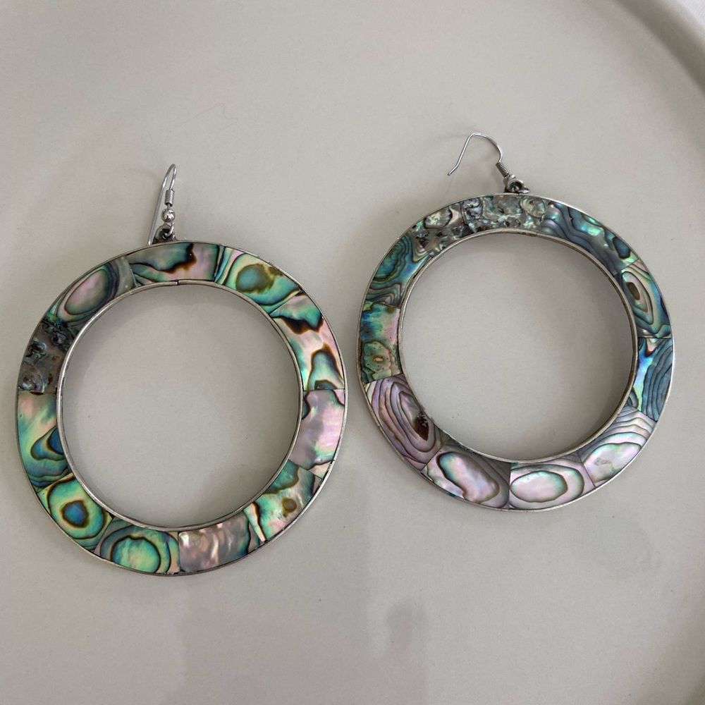 Vintage Alpaca Silver Abalone Large Hoop Earrings - Rare